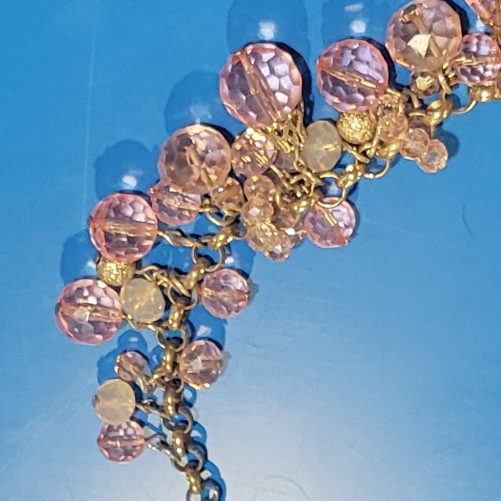 Gold Chain Beaded Pink Crystal Necklace Layered Textured Beads of Pink & Gold - Picture 5 of 5